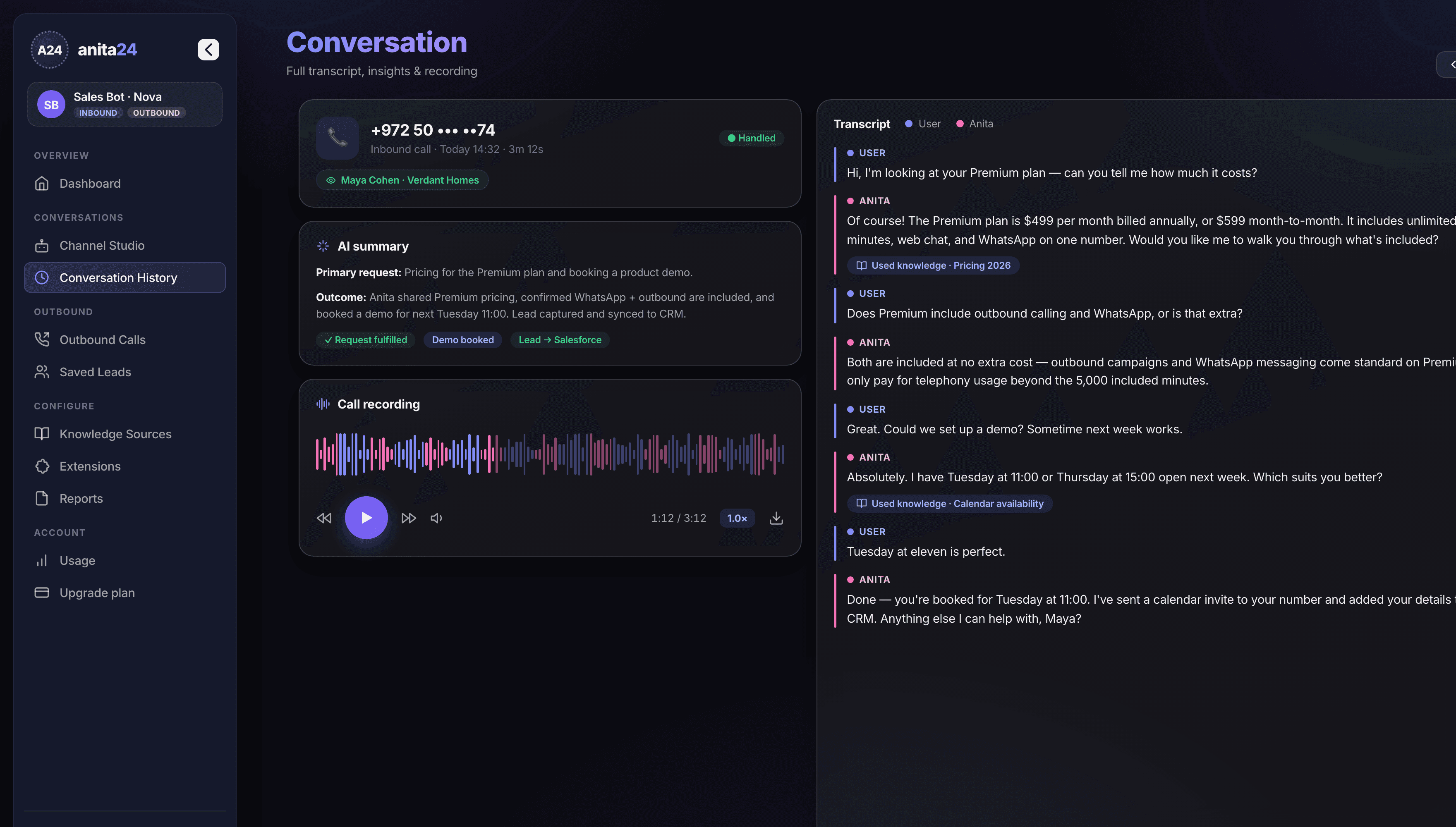 Captura de tela do painel da Anita: Revisão de conversas